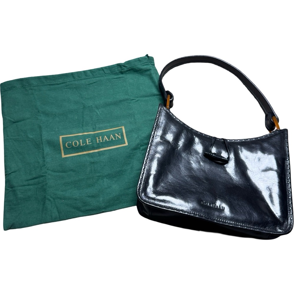 Cole Haan Leather Shoulder Bag Womens Small Black Good Toggle Amber Hardware